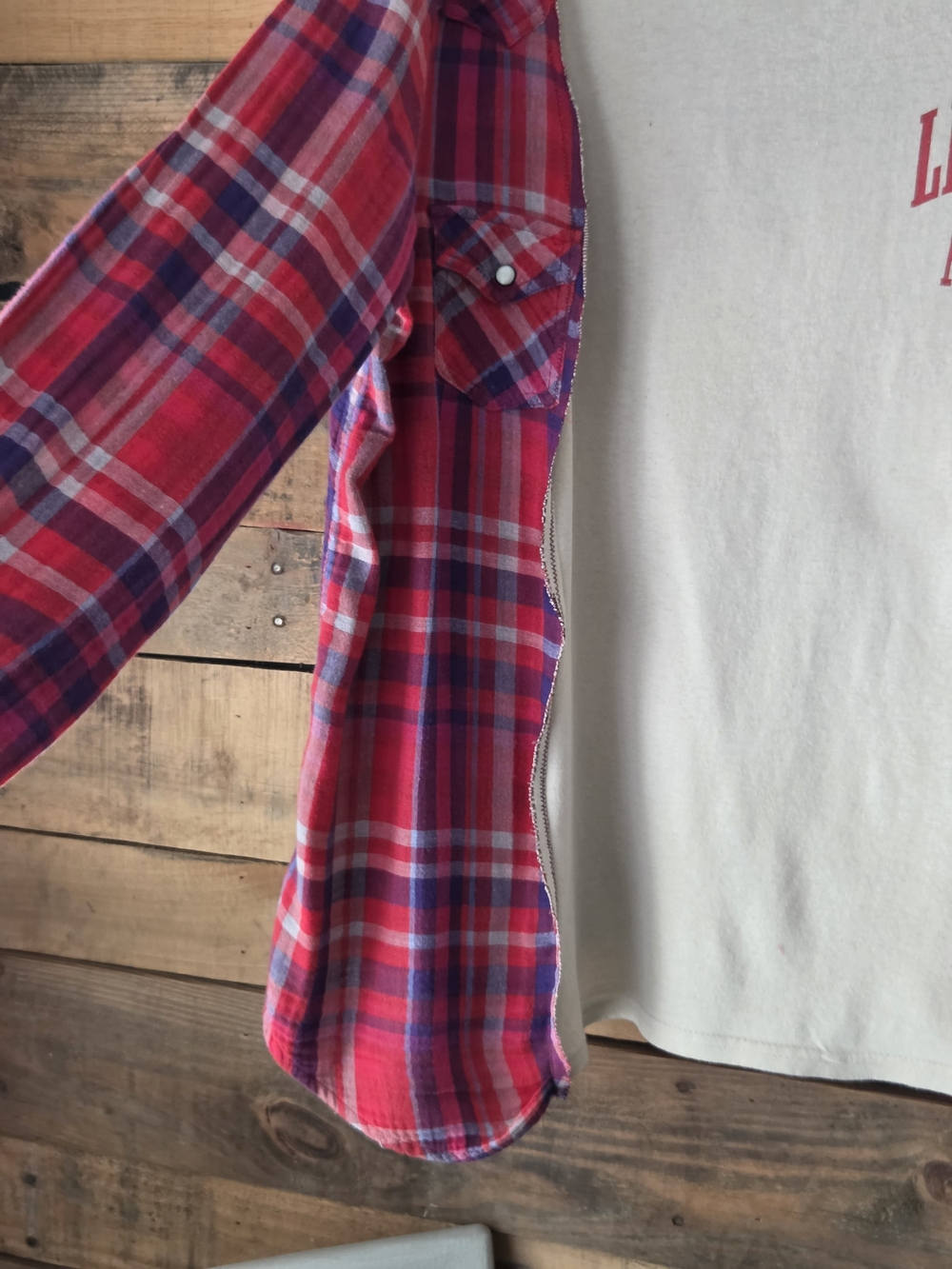 Upcycled Leave Me Alone Graphic Tee with Red Plaid Sleeve Detail - Picture 10 of 12